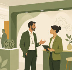 Manufacturer having a focused conversation with a visitor on an exhibition stand