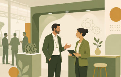 Manufacturer having a focused conversation with a visitor on an exhibition stand