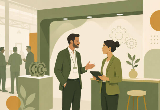 Manufacturer having a focused conversation with a visitor on an exhibition stand